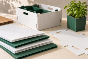 Planchas de polipropileno celular, caja con separadores y maceta verde.