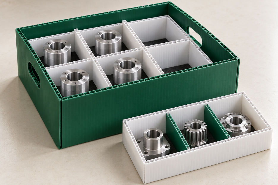 Caja verde con celdilleros blancos y bandeja compartimentada para piezas metálicas.